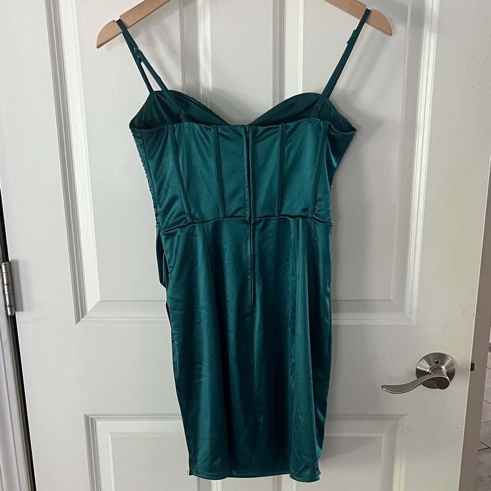 B Darlin Emerald green Satin Mini Corset Dress Sz 3/4 - Picture 5 of 9